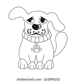 Cartoon puppy, vector illustration of cute dog wearing collar with pet paw tag, sad doggy, coloring book page for children