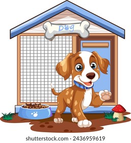 Cartoon puppy waving in front of its home