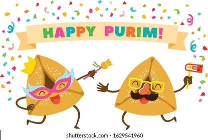 Cartoon Purim Hamantashen or Oznei Haman wearing masks and dancing Happily under the text Happy Purim.