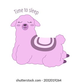 Cartoon purple alpaca. Cute llama print. Postcard sleep time. Vector illustration