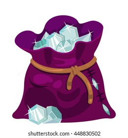 Cartoon purple bag full of gems, vector illustration isolated on white background.