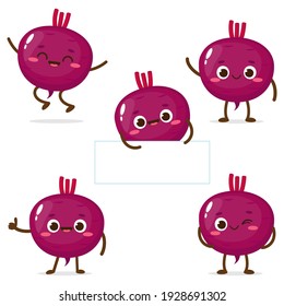 Cartoon purple beetroot character set. Cute beet with banner vector illustration