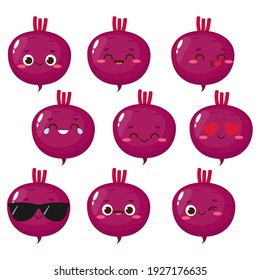 Cartoon purple beetroot emoji set. Cute beet character vector illustration