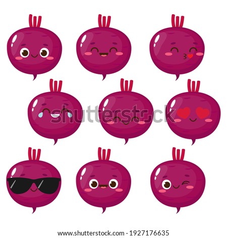 Cartoon purple beetroot emoji set. Cute beet character vector illustration