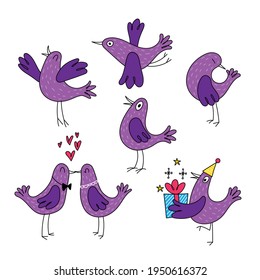 cartoon purple bird set on white background, vector