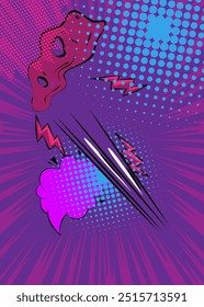 Cartoon purple and blue background, comic book backdrop. Retro vector comics pop art design.