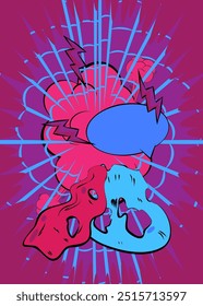 Cartoon auf violettem und blauem Hintergrund, Comic-Hintergrund. Retro Vektor Comics Pop Art Design.
