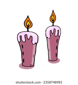 Cartoon purple burning candles. Design element for holidays birthday, halloween, diwali. Vector doodle illustration
