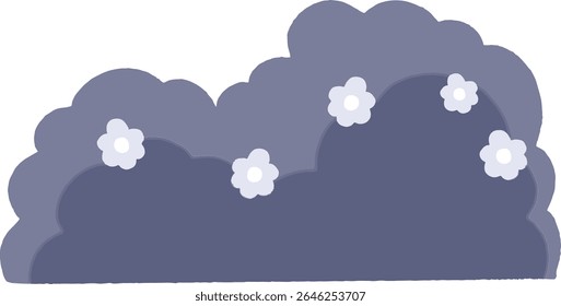 Cartoon of a purple bush with light purple flowers on it.