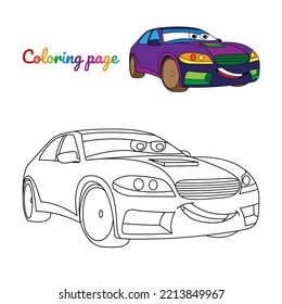 Cartoon purple car sedan for boys. Small funny vector cute vehicle with eyes and mouth. Comic character for kids on white background. Coloring page for children, color and linear illustration.
