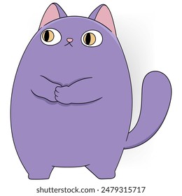 Cartoon of a purple cat with a shocked expression, paws clenched. Ideal for humorous and animal-themed designs.