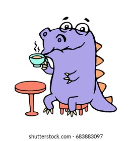 Cartoon purple croc drinking coffee. Vector illustration. Digital drawing cute character.