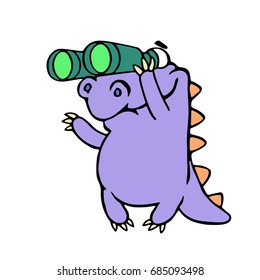 Cartoon purple croc looking through binoculars. Vector illustration. Optical device. Digital drawing cute imaginary character.