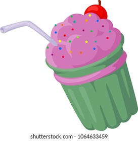 Cartoon purple delicious dessert with cherry on white background