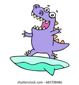 Cartoon purple dinosaur surfer on surfboard caught a wave.. Vector illustration. Cute imaginary animal character.