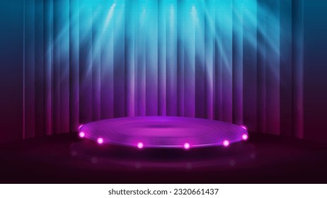 Cartoon purple flat round podium with bulbs lights and spotlight on background with curtain