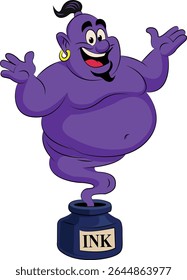 Cartoon purple genie rising from ink bottle on black background. Fun fantasy character for children’s books, magic themes, comics, and vector illustrations. EPS format included.

