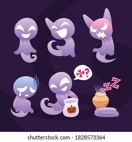 Cartoon Purple Ghost Character Set