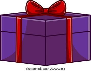 Cartoon Purple Gift Box With Ribbon. Vector Hand Drawn Illustration Isolated On White Background