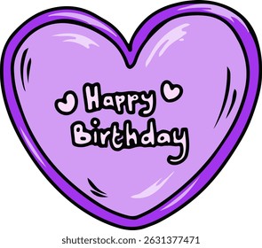 Cartoon purple heart graphic with "Happy Birthday" text and small white hearts. Ideal for cards, stickers, and celebratory designs.
