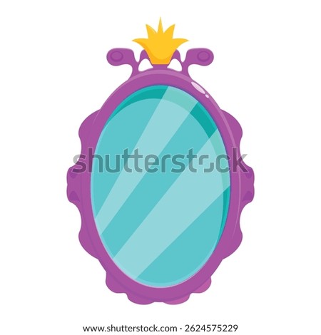 Cartoon purple mirror reflecting light with crown decoration, ideal for fairytale and fantasy projects