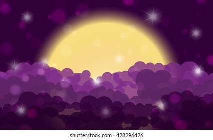 Cartoon purple night shining cloudy sky with moon. Vector illustration