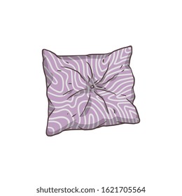 Cartoon purple pillow with white pattern isolated on white background - comfortable crumpled bedroom cushion and bed accessory, flat vector illustration.