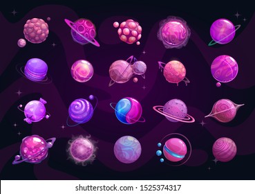 Cartoon purple planets set. Funny fantasy planet on cosmic background. Vector space assets for game design.