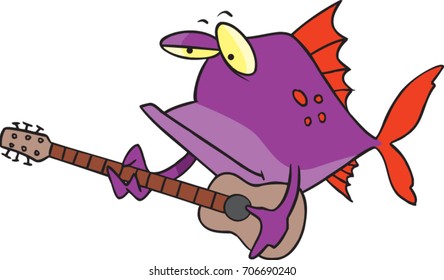 cartoon purple and red fish playing a guitar