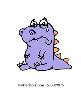 Cartoon purple sad dino. Vector illustration. Digital drawing melancholy cute character.