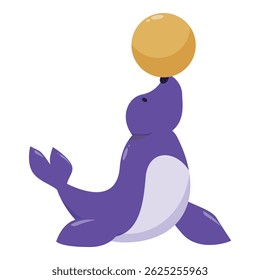 Cartoon purple seal balancing a yellow ball on its nose, a funny illustration perfect for entertainment themes