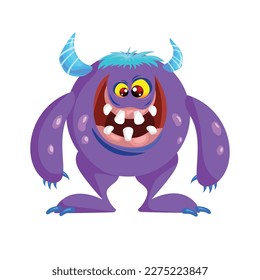 Cartoon purple smiling cute smiling monster. Best for monster party designs. Vector illustration.