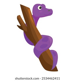 Cartoon purple snake climbing on a tree branch, looking to the side