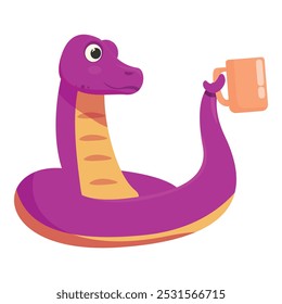 Cartoon purple snake relaxing and holding a mug of hot beverage