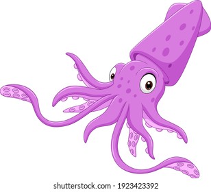 Cartoon purple squid isolated white background