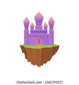 Cartoon purple stone island castle on white background.