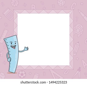 The cartoon purple text box frame with ruler character mascot illustration vector on white background. Education and study concept.