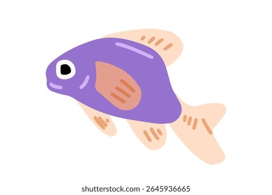Cartoon Purple Tropical Fish Icon. Cute stylized purple fish with peach fins and details. Flat cartoon illustration, isolated on white background.