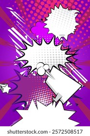Cartoon purple and white background, comic book backdrop. Retro vector comics pop art design.