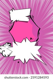 Cartoon purple and white background, comic book backdrop. Retro vector comics pop art design.