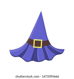 Cartoon purple witch hat with buckle isolated on white background. Children kid costume masquerade party. Design element for Halloween. Vector illustration.