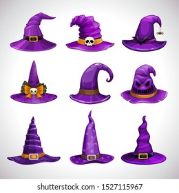 Cartoon purple witch hats, fantasy caps icons set. Wizard hat collection. Halloween costume element. Vector illustration.