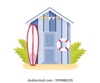 Cartoon purple wooden beach cabin with lifebuoy and surf. Vector illustration 