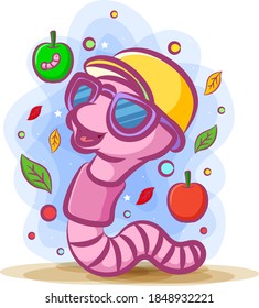 The cartoon of the purple worm using the sunglasses and yellow hat