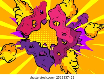 Cartoon purple yellow background, comic book backdrop. Retro vector comics pop art design.