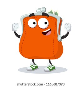 cartoon purse mascot shows its strength on a white background