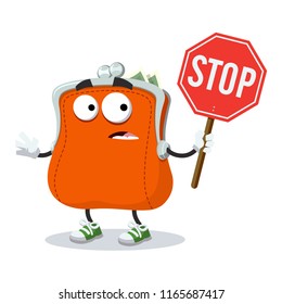 cartoon purse mascot with tablet stop in hand on white background