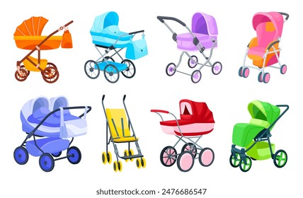 Cartoon pushchairs. Baby cart, child stroller kid safety carriage cute pram toddler children ride buggy trolley twins perambulator pushchairs cradle, ingenious vector illustration