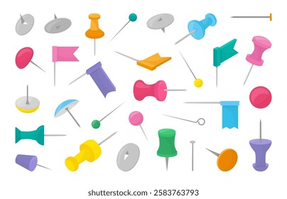 Cartoon pushpins. Isolated push pin, thumbtacks and attaching buttles. Different needles, accessories for cork board. Flags and pushpin, neoteric vector set