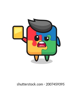 cartoon puzzle character as a football referee giving a yellow card , cute style design for t shirt, sticker, logo element
